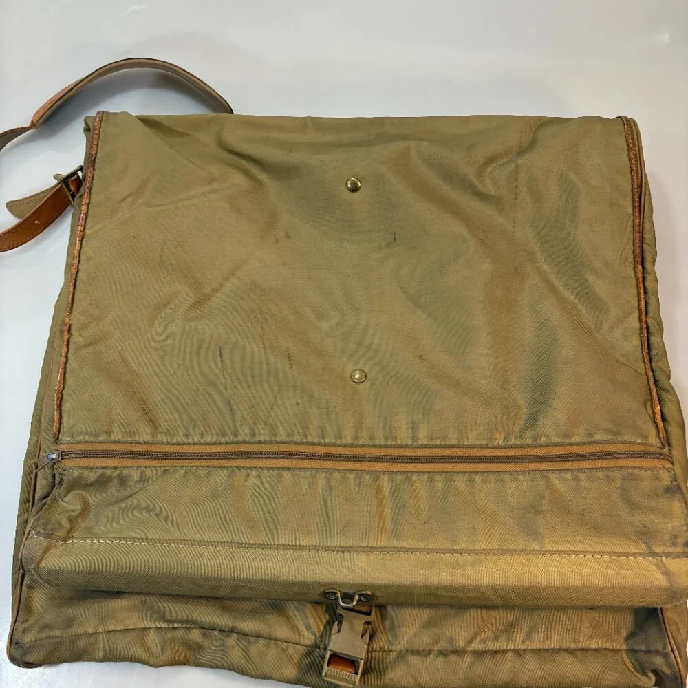 Hartmann Khaki Nylon Brown Leather Folding Hanging Garment Bag Luggage Vintage